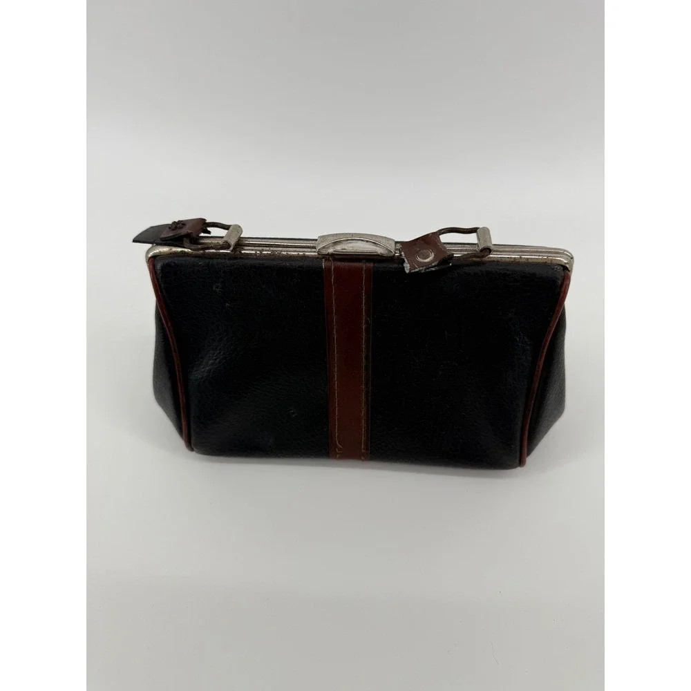 Vintage‎ Black Leather Clutch Purse Kiss Lock Frame Small Bag Women